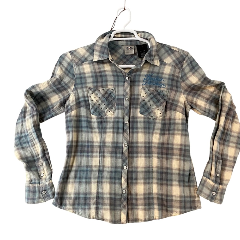 Harley Davidson Womens Plaid‎ Studded Button Down Shirt Blue Grey Medium M
